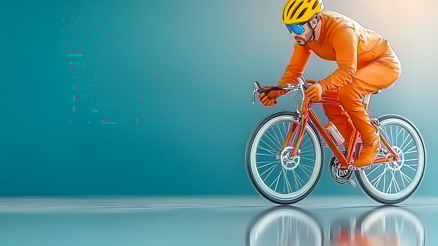 Cyclist in Orange Gear Racing on a Bicycle Against a Soft Blue Background photo