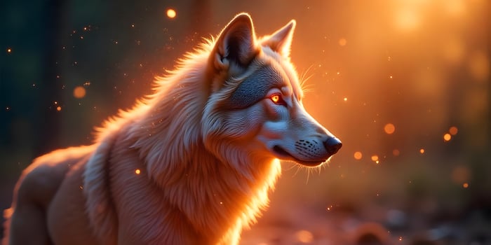 Wolf in Golden Light Mystical Forest Scene Digital Illustration photo