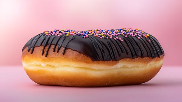 Delicious chocolate-covered donut with colorful sprinkles on a soft pink background photo