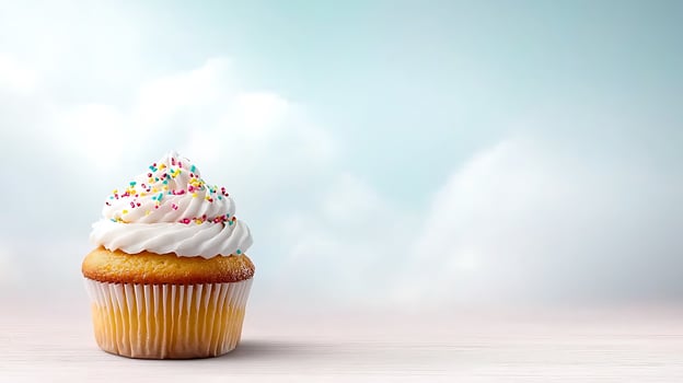 Delicious cupcake with sprinkles on top, set against a soft sky background, evoking sweetness photo