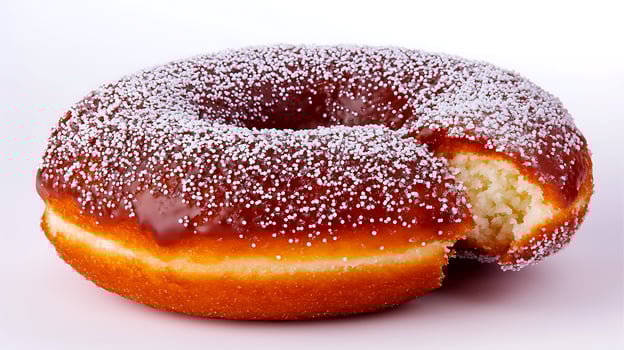 Delicious glazed donut with powdered sugar, partially bitten, on a clean white background photo