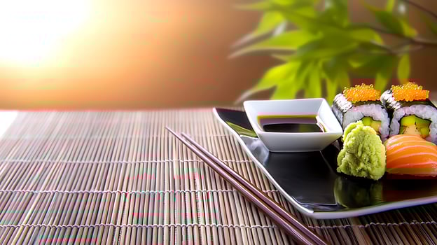 Delicious sushi platter with wasabi and soy sauce, set against a serene bamboo background photo