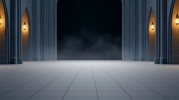 Dimly lit gothic corridor with arches, atmospheric fog, and glowing lanterns creating mystery photo