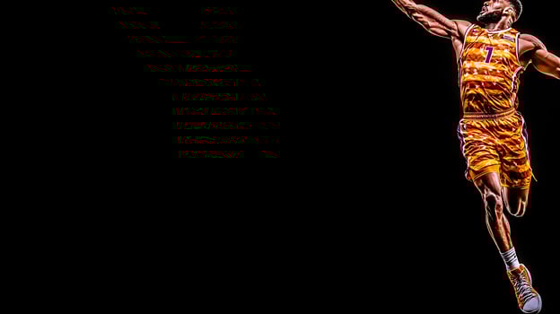 Dynamic basketball player in mid-air dunk during an intense game, spotlighted against dark background photo