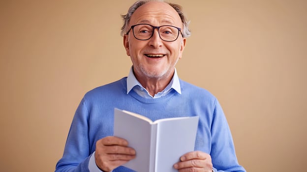 Elderly man smiling while holding a book against a neutral background, conveying joy and wisdom photo