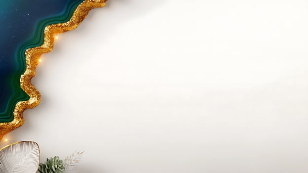 Elegant background with shimmering gold and teal accents, featuring seashells and greenery photo