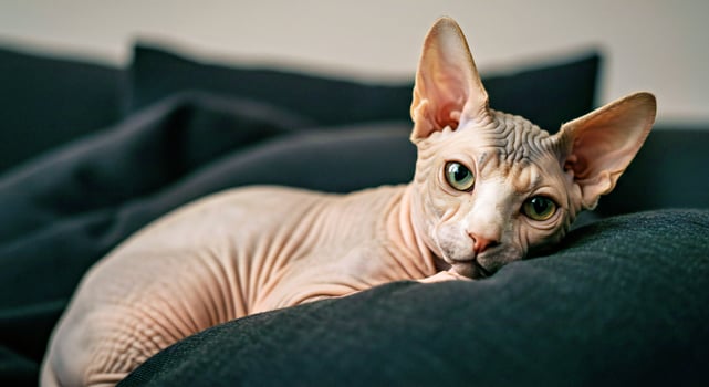 A sphytte cat is laying on a black couch photo