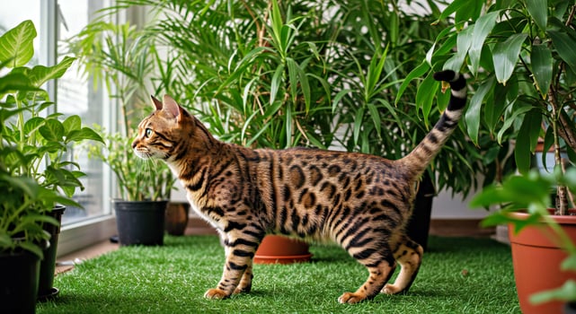 A cat standing in front of a window with plants photo