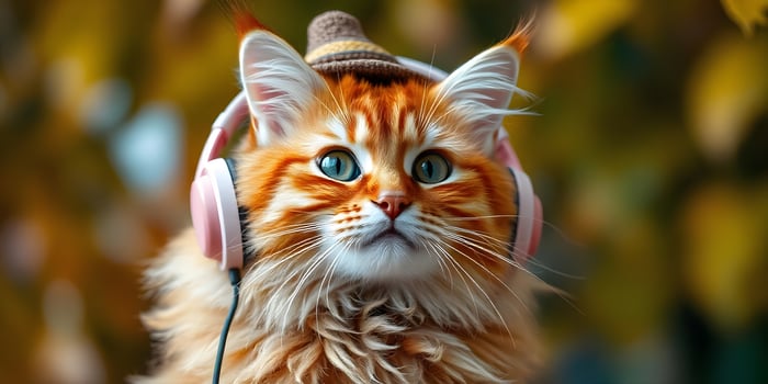 Cat Wearing Headphones and a Hat Portrait Listening to Music photo