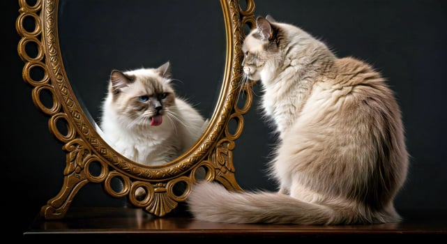 A cat looking at itself in a mirror photo