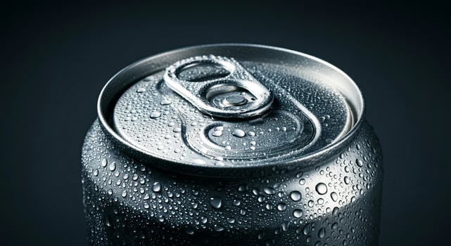 Chilled soda can artfully captured in this stunning shot, highlighting every droplet for a refreshing visual treat photo