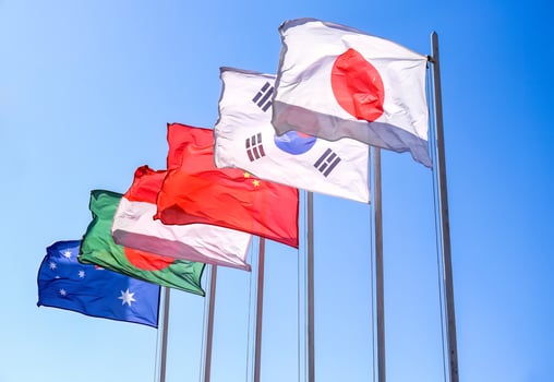 6 flags of Asia and Oceania flying in the wind Japan, South Korea, China, Indonesia, Bangladesh and Australia on sky background photo