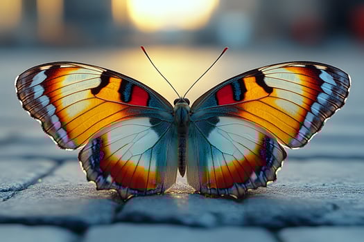 Vibrant Butterfly on Cobblestone Street at Sunset - Nature's Beauty in Urban Setting photo