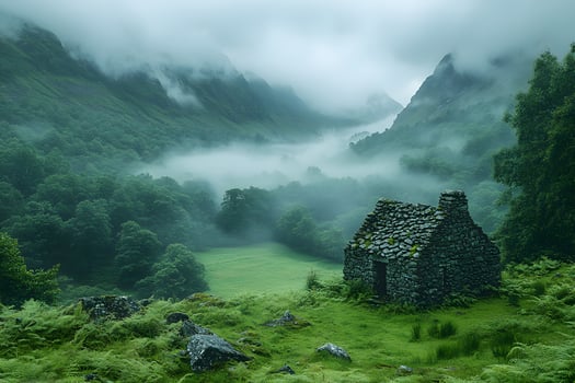 Mystical Stone Cottage in Foggy Mountain Landscape for Tranquil Retreat and Nature Connection photo