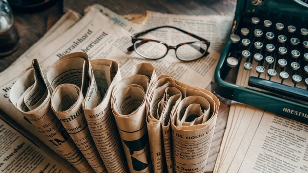 Newspapers, typewriter and glasses on a wooden table photo