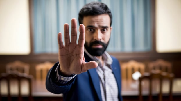 A man with a beard and suit is making a stop sign photo