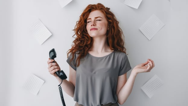 A woman with red hair holding a phone and looking at a wall of papers photo