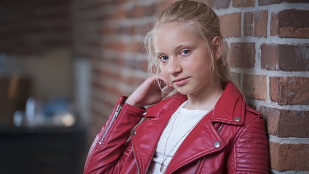 A young girl in a red leather jacket leaning against a brick wall photo