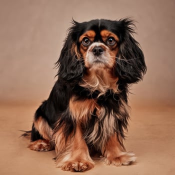 A black and tan dog sitting on a brown background photo