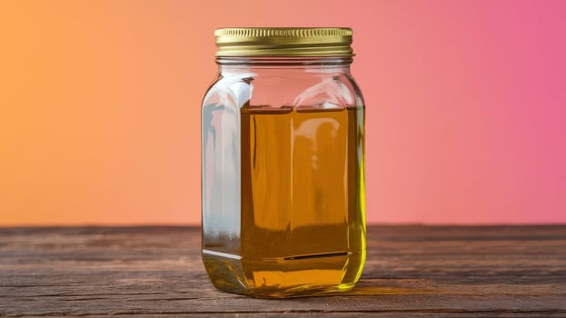 A glass jar with oil on a wooden table photo