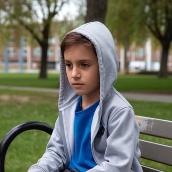 A young boy wearing a hoodie sitting on a bench photo
