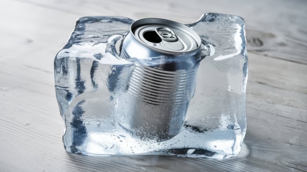 Metal can in ice on light background photo