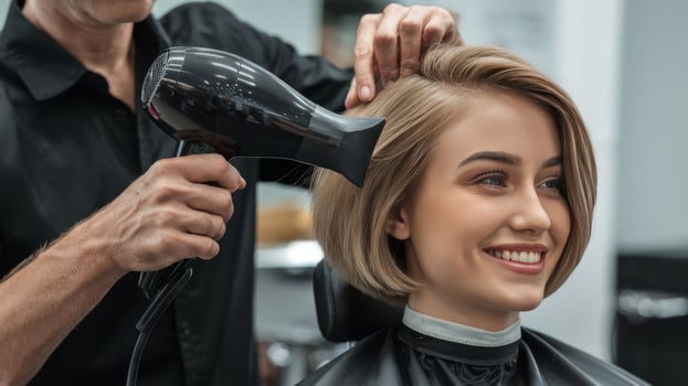 A woman is getting her hair blow dried by a man photo