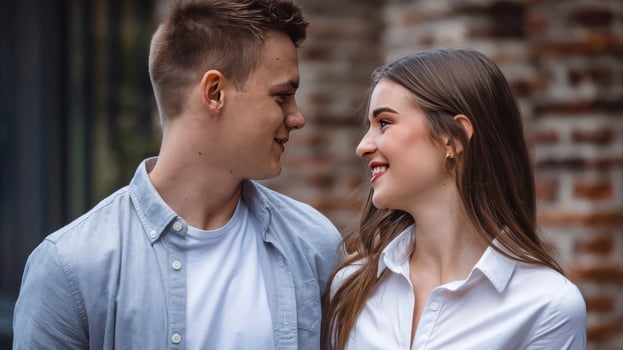 A young couple is smiling and looking at each other photo