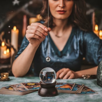 A woman is holding a crystal ball and playing with cards photo