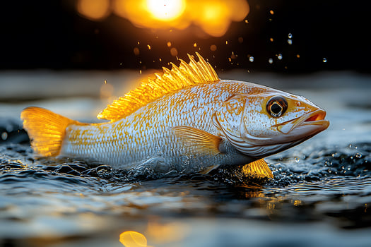 Golden Fish Splashes Against Vibrant Sunset - Ideal for Nature and Wildlife Design photo