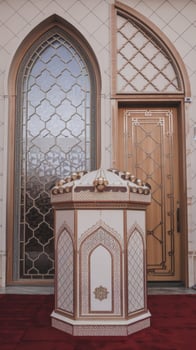 Islamic display podium decoration background with mosque window door photo