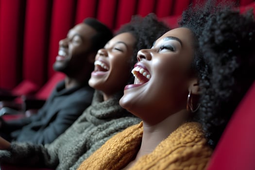 Joyful African American friends enjoying a movie at the cinema, laughing together and sharing a fun, cheerful moment photo