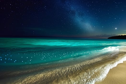 Breathtaking view of a starry sky above the calm tropical sea, with sparkling stars illuminating the peaceful night scene photo