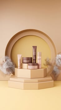 3d background products display podium scene with geometric platform and smoke nude yellow background rendering podium stand to show cosmetic products stage showcase on pedestal display beige studio photo