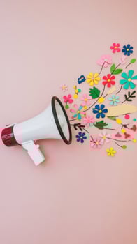 Megaphone with colorful flowers and leaves coming out of it agnst pastel pink background photo