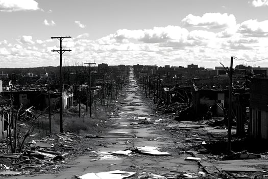 A stark and desolate view of the ruins of an industrial factory, once one of Europe's most polluted towns, showcasing decay, pollution, and environmental devastation photo
