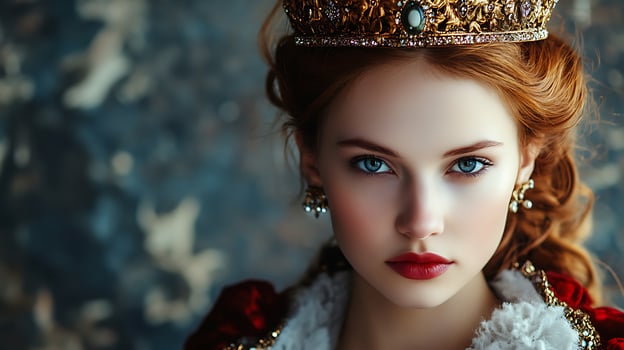Portrait of a regal young woman with striking blue eyes adorned with a crown and elegant jewelry She exudes grace and poise photo