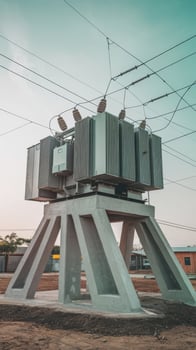 Electricity large high voltage transformer it is installed on strong concrete poles to supply electricity to the buildings for the community with the background of the sky photo