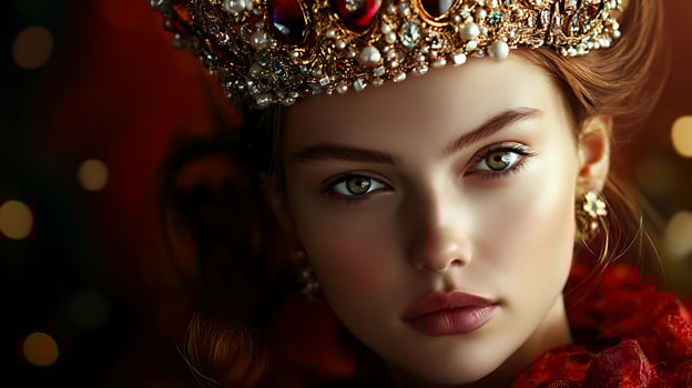 Elegant portrait of a woman with green eyes wearing a bejeweled crown set against a warm bokeh background photo