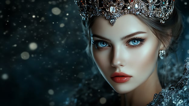 Elegant woman with jeweled crown captivating blue eyes and regal appearance against a dark shimmering fantastical backdrop photo
