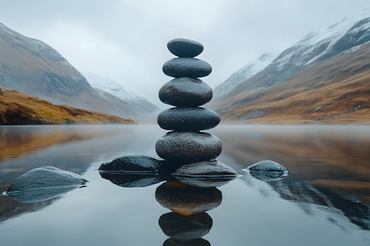Tranquil Zen Stone Stack by Serene Mountain Lake for Meditation and Relaxation photo