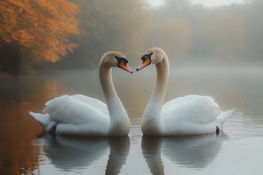 Romantic Autumn Scene with Swans on Misty Lake for Nature and Wildlife Photography photo