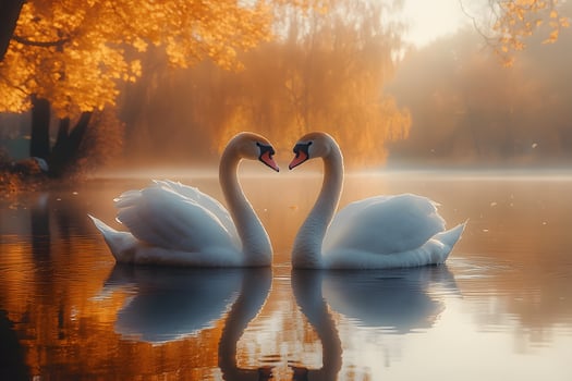 Romantic Autumn Scene with Swans in Tranquil Lake for Nature Decor and Posters photo