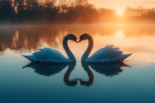 Romantic Swan Silhouette at Sunrise Over Serene Lake Scene photo