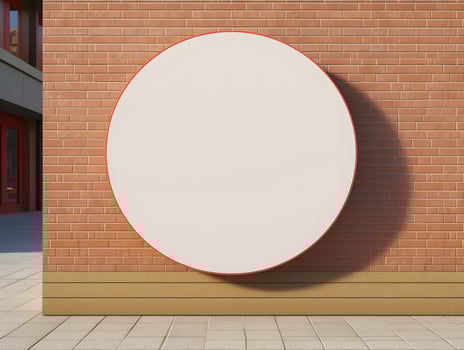 A white round sign on a brick wall near a building photo