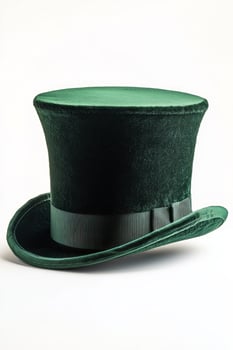 A stylish green top hat with a smooth finish and elegant black ribbon, perfect for formal events. photo