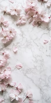 Elegant flat lay of scattered sakura blossoms on marble surface for spring decoration photo