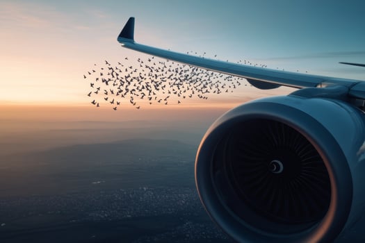 Airplane wing gliding through colorful sunset with birds flying alongside photo