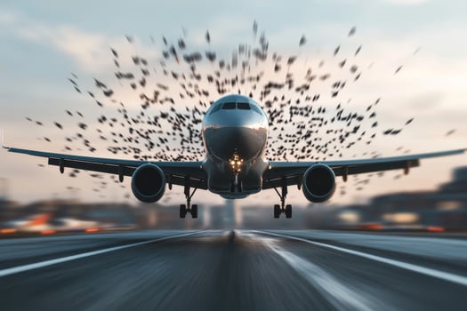Modern airplane prepares for takeoff against a backdrop of flying birds at dusk photo
