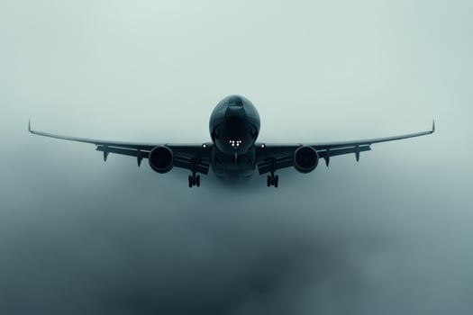 Aircraft approaching landing through foggy conditions at an airport during early morning hours photo